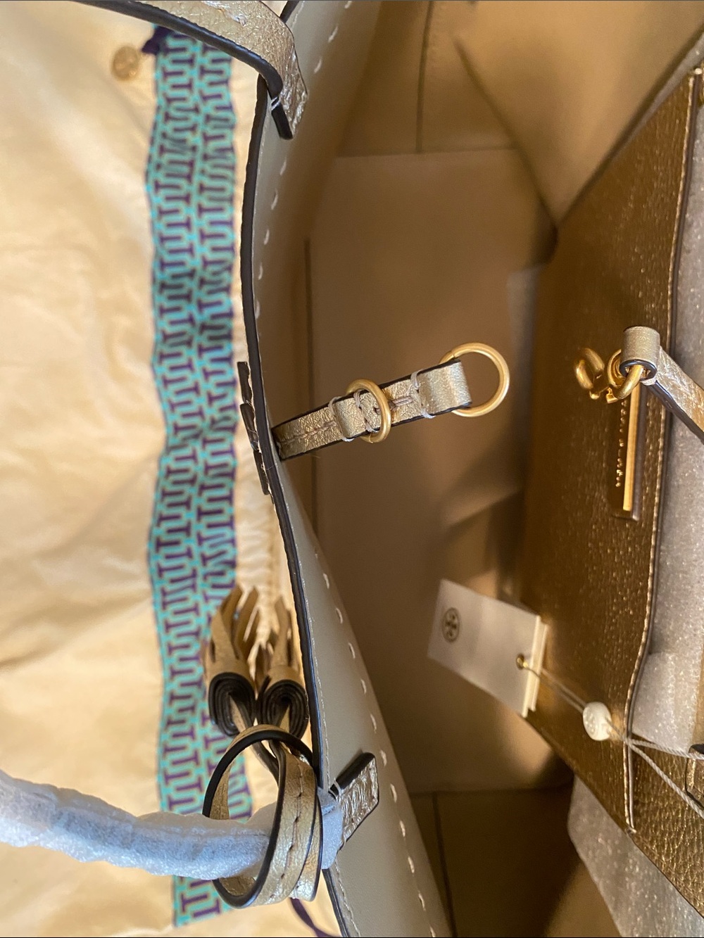 NWT Tory Burch Metallic Gold Leather Tote with Tassel Charm - Picture 5 of 9